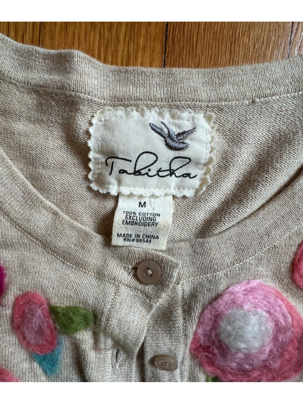 Anthropologie Talitha Cream Cotton Cardigan with Pink Floral Felt Embroidery